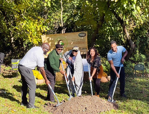 Pastor Denell Howard, Rep. John L. Bartlett, Martha Bonds, Autum Lowry, and Justin Wedges from Heath Landscaping, pose for a groundbreaking photo at the event on Thursday, October 24.